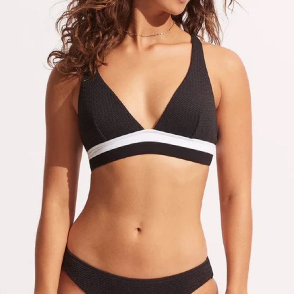 Seafolly Slice of Splice Longline Tri Bikini Top Size 6 Black and White